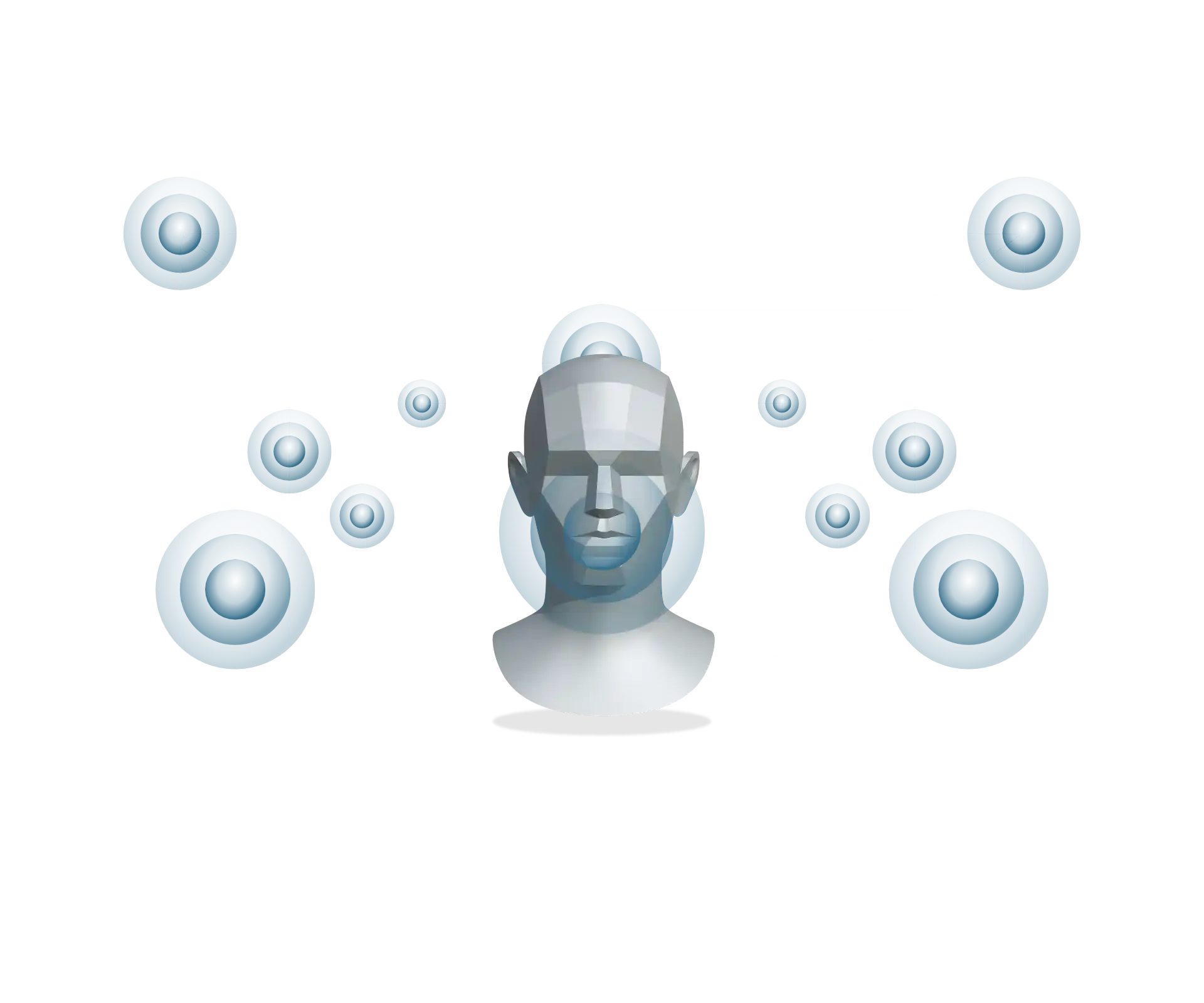Illustration eines Kopfes in einer dreidimensionalen Matrix mit verschiedenen Klangquellen